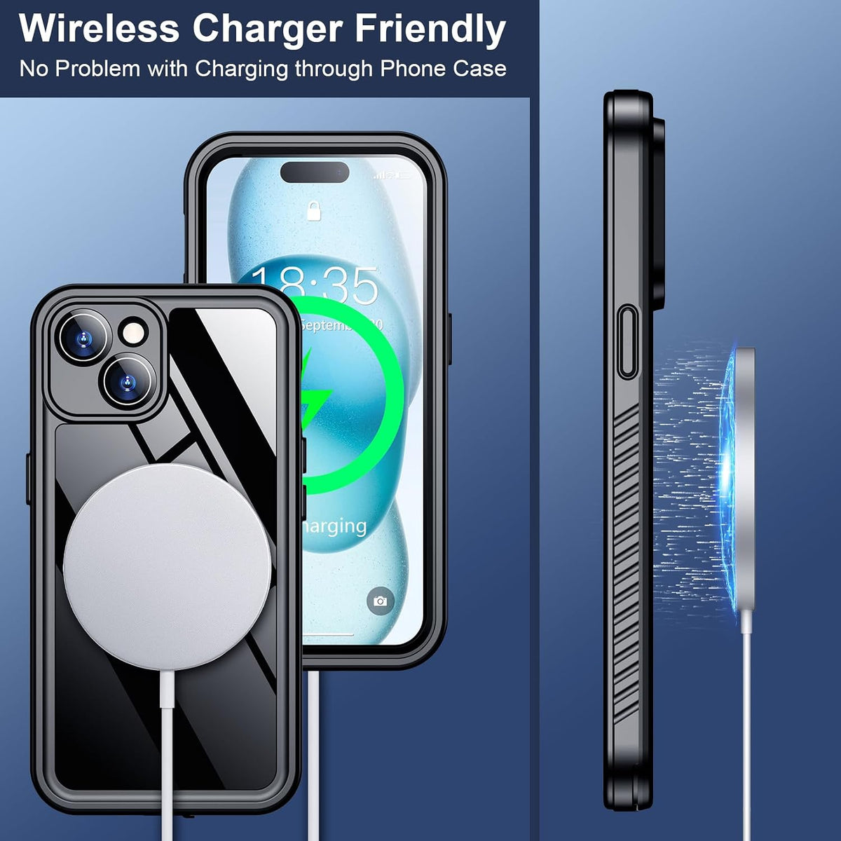 SPIDERCASE Funda impermeable para iPhone 15, lente y protector de pantalla integrados, protección de alta resistencia, 12 pies, funda militar a prueba de golpes, a prueba de polvo, color negro