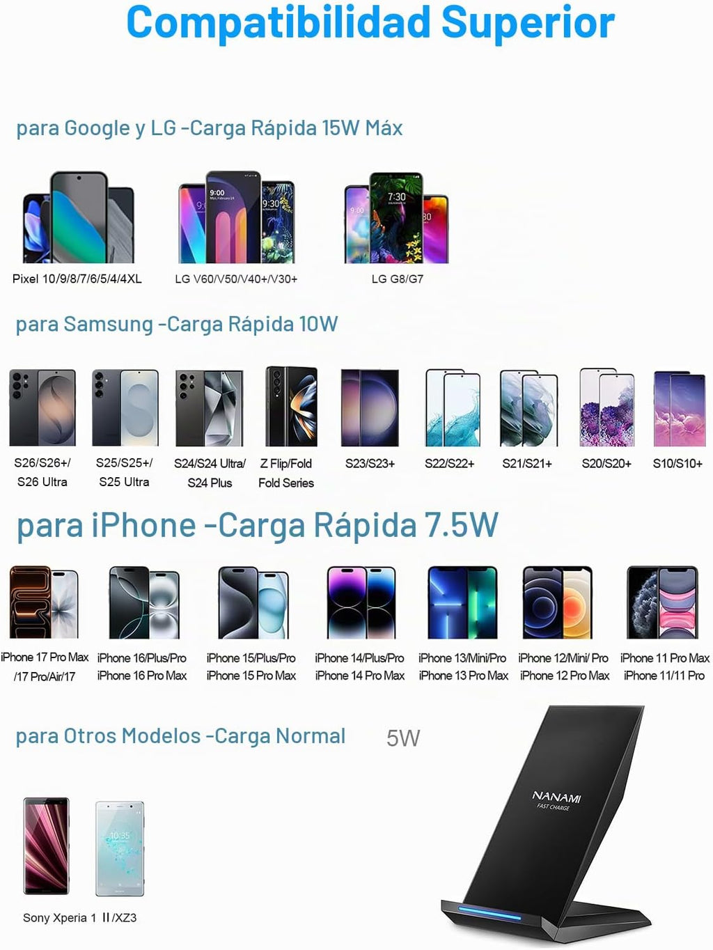 Cargador inalámbrico rápido, [2 unidades] NANAMI Soporte de carga inalámbrico compatible con iPhone 18 Pro/18 Pro Max/17/17 Air/17 Pro/16/15/14, base de cargador de teléfono para Galaxy S26/S26+/S25