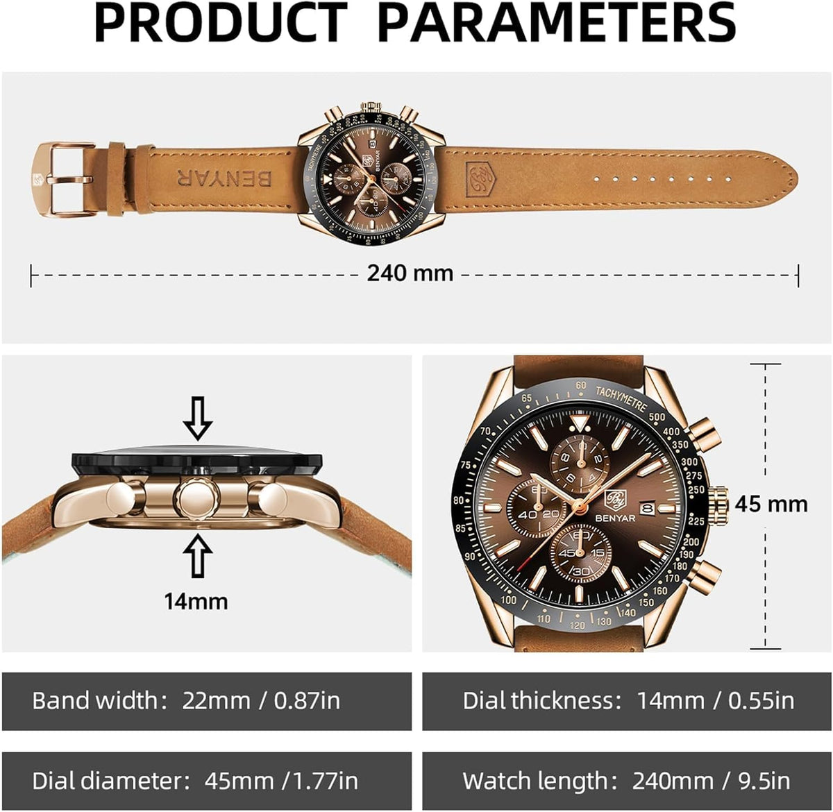 BENYAR Relojes de pulsera para hombre, cronógrafo analógico, de cuarzo, impermeables, para negocios, trabajo, casual, deportivo, con calendario