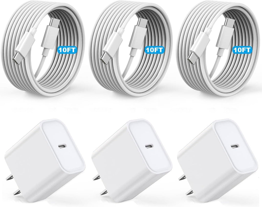 [Certificado MFi de Apple] Cable largo USBC a USBC de 10 pies de carga rápida para iPhone 17/16e/15, paquete de 3 bloques de carga rápida de teléfono Apple de 20 W, cable tipo C de 10 pies para iPhone 17 Air/17/16/15 Pro/Pro Max/iPad Pro/AirPods