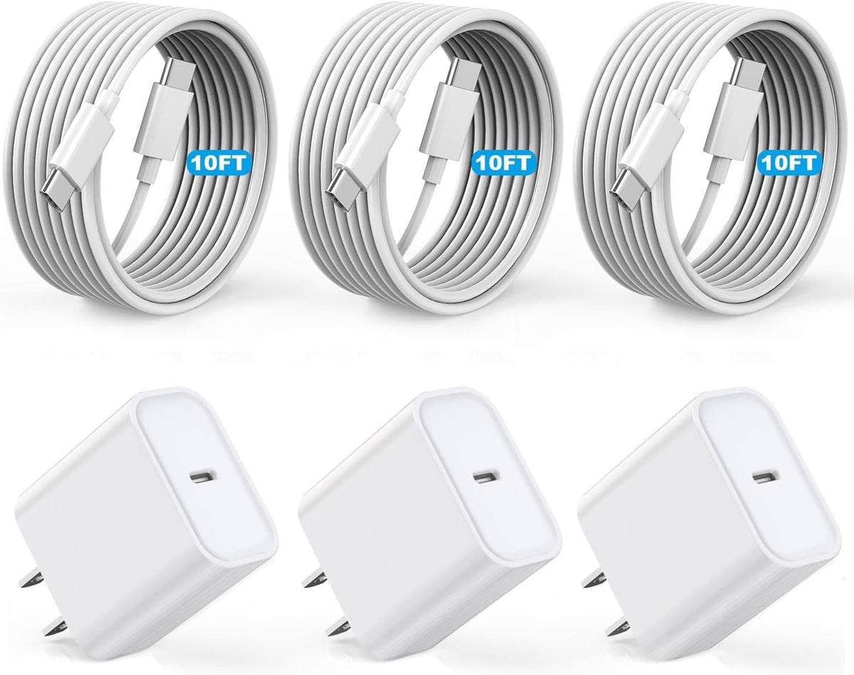 [Certificado MFi de Apple] Cable largo USBC a USBC de 10 pies de carga rápida para iPhone 17/16e/15, paquete de 3 bloques de carga rápida de teléfono Apple de 20 W, cable tipo C de 10 pies para iPhone 17 Air/17/16/15 Pro/Pro Max/iPad Pro/AirPods