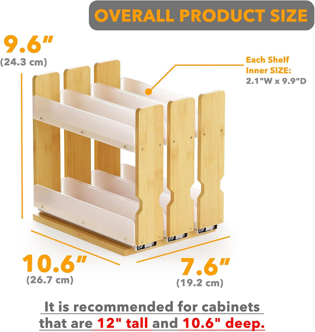 SpaceAid - Organizador de especias extraíble de bambú para gabinete, organizador de condimentos deslizante y resistente para cocina y despensa, organización vertical, 7.6 pulgadas de ancho, 3 cajones