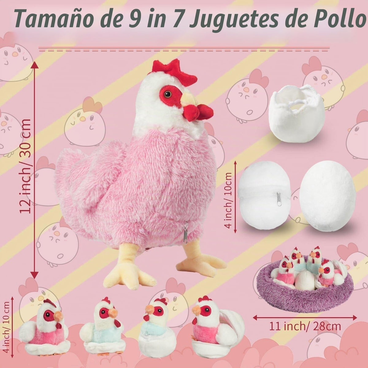Juego de animales de peluche de pollo 9 en 1, juguete de peluche de gallina ponedora de huevos con cremallera y pollitos de juguete, pollos, huevos y gallinero, juguetes para niños pequeños, decoración de granja de cumpleaños