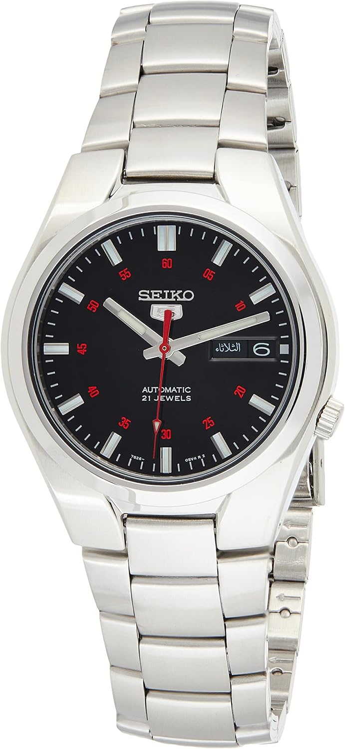 Seiko Reloj casual automático japonés de acero inoxidable de 5' para hombre, color: esfera negra (Modelo: SNK617), Tono-plateado, Reloj automático