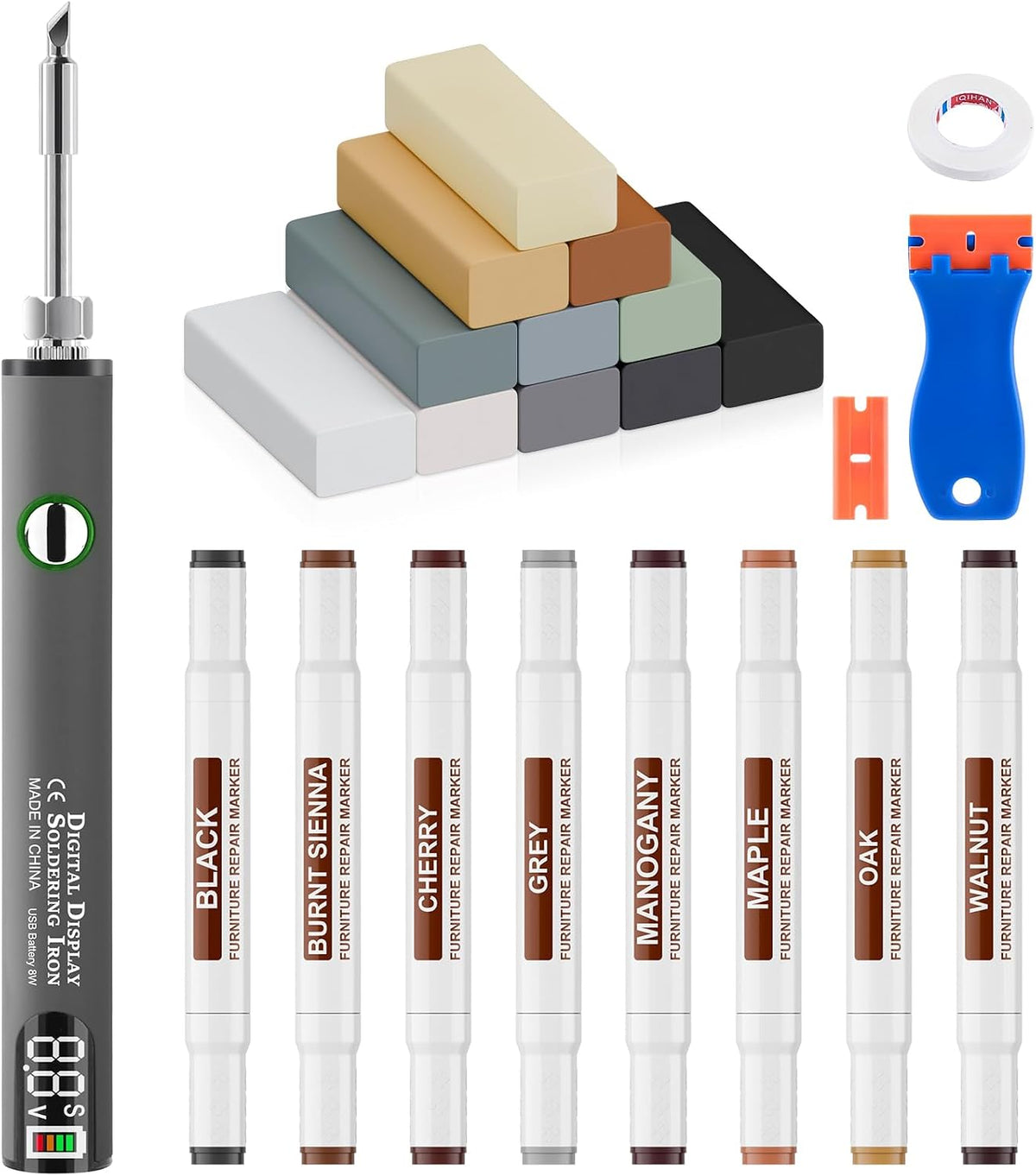 Kit de reparación de arañazos de piso de madera de vinilo laminado con bolígrafo de calor, 11 colores de varillas de cera de madera dura gris y 8 colores de doble punta marcadores para muebles de retoque, juego de herramientas de fusión de cera de