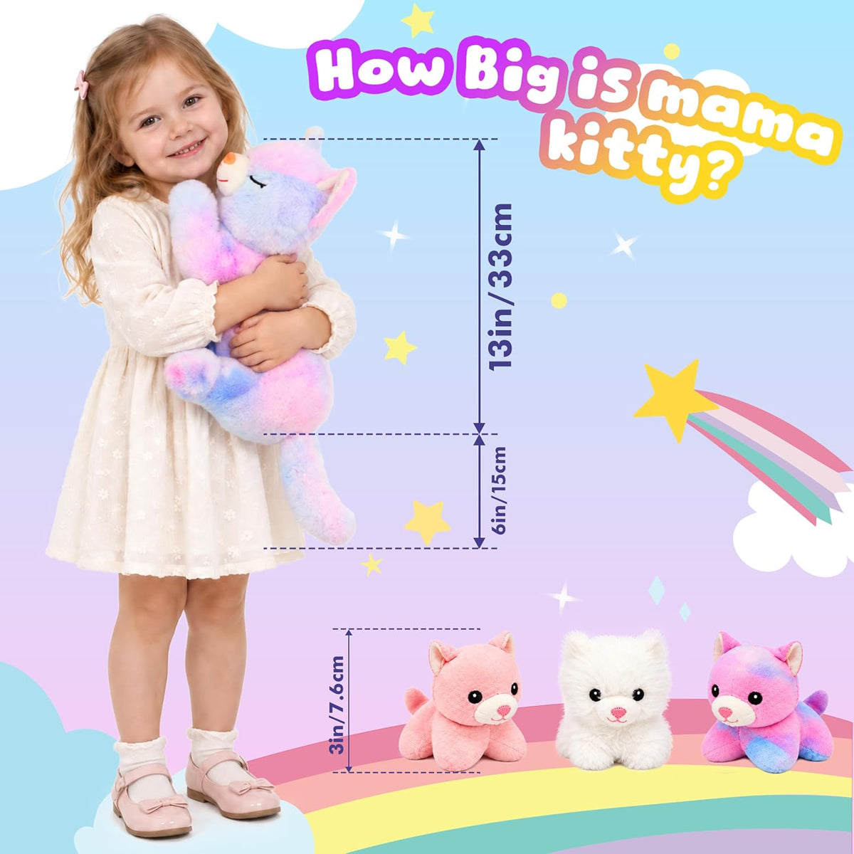 Hopearl Gatito de peluche con luces LED, mamá gato iluminada con 3 gatitos bebé en su barriga, juego de peluches con luces de noche que brillan en la oscuridad para mamá, niños, niñas pequeñas