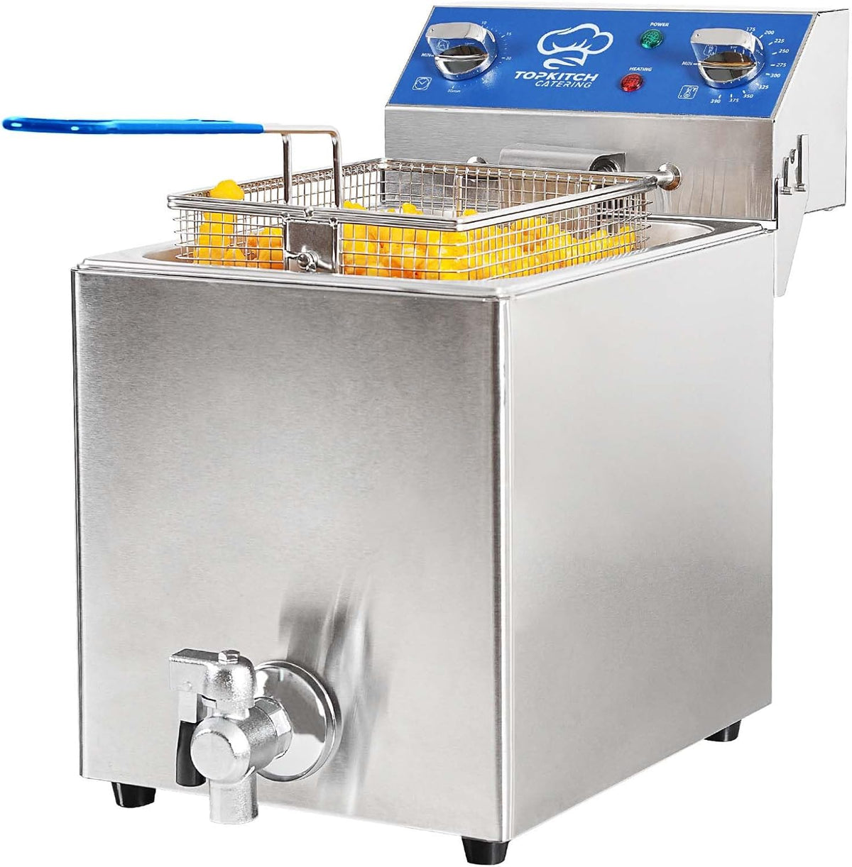 TOPKITCH Freidora Eléctrica de 8.5 Qt con Drenaje de Aceite, Temporizador de 30 Minutos, Tanque de Aceite con Formación por Estiramiento, Tapa y Cesta de Malla de Alambre Sólida, Freidora Profunda