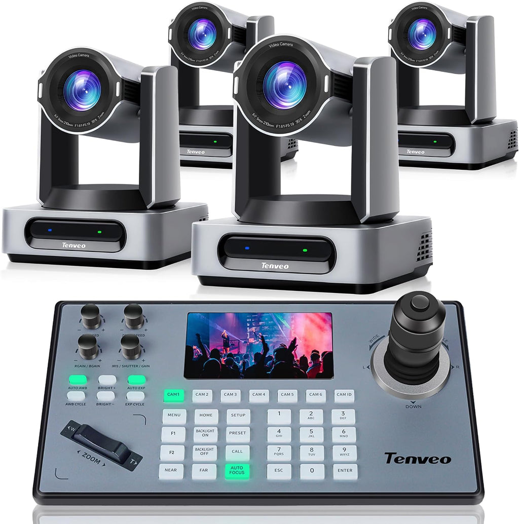 Tenveo Paquete de cámara y controlador PTZ 4K NDI PTZ, 30X 4K 60FPS AI seguimiento automático NDI SDI/HDMI/USB3.0/LAN (PoE) Cámara PTZ (*4) y controlador de joystick NDI PTZ para eventos de adoración