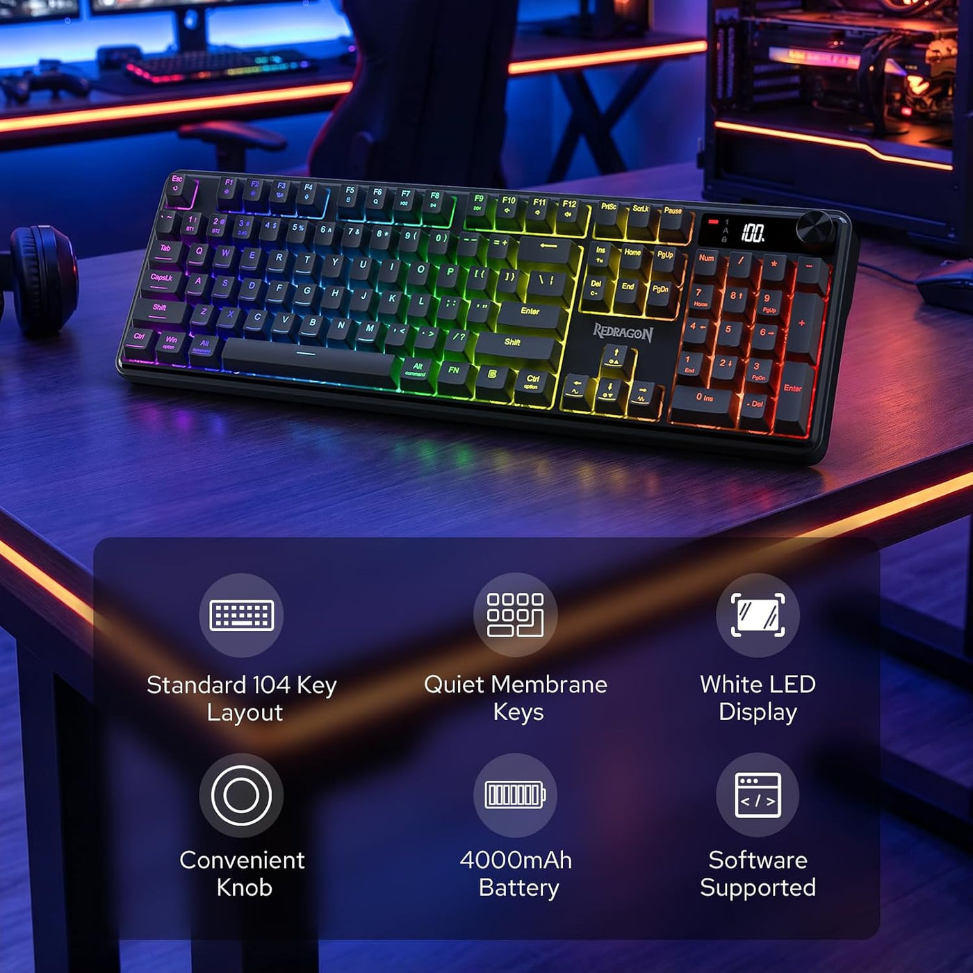 Redragon K526 PRO Teclado inalámbrico RGB para juegos, pantalla LED...