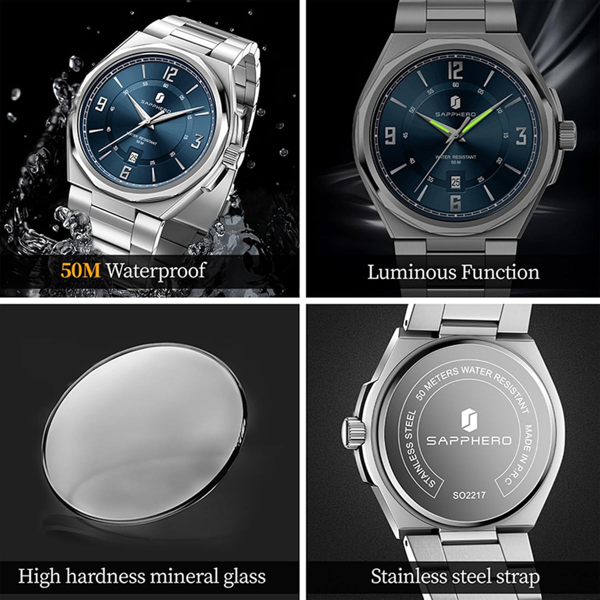 SAPPHERO Reloj para hombre con subesfera de fecha/esfera de números arábigos, cuarzo analógico, correa de acero inoxidable/piel, 164 ft impermeable, reloj de pulsera de vestir casual para trabajo de