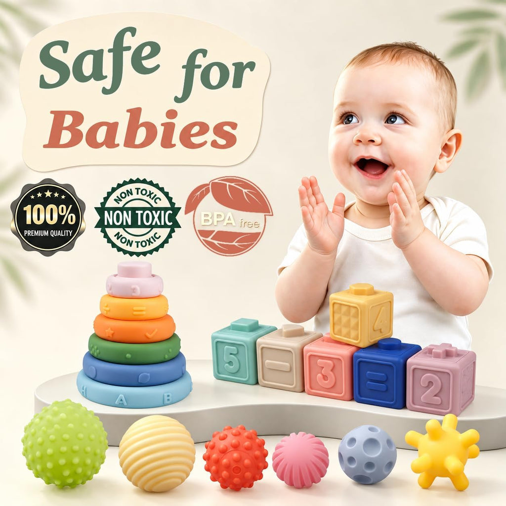 Juguetes Montessori para bebés de 18 meses, 24 anillos apilables, bloques suaves y bolas sensoriales