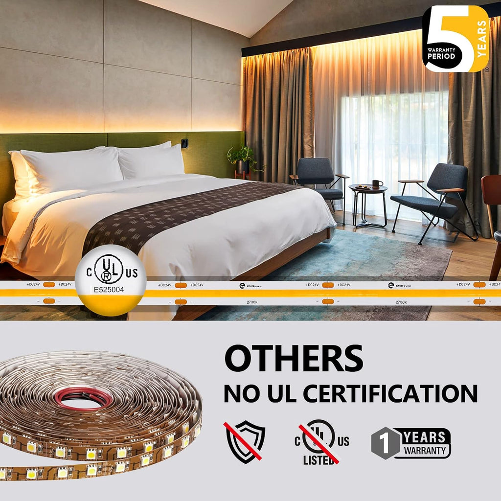 Emitever Controlador LED regulable, 100 W CA 110 V-277 V a CC 24 V, 5 en 1 atenuación: ELV/MLV/TRIAC / 0-10V / 1-10V / 10V PWM/potenciómetro, listado UL+2700K luces de tira de 16.4 pies, 2560 LEDS
