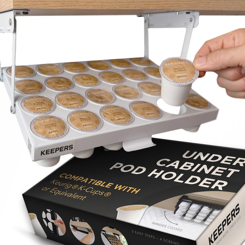 KEEPERS - Soporte para tazas K para debajo del gabinete con acceso abatible, soporte para cápsulas de café que ahorra espacio y organizador de tazas K para 24 cápsulas, organizador de cápsulas de café de acero con fácil instalación
