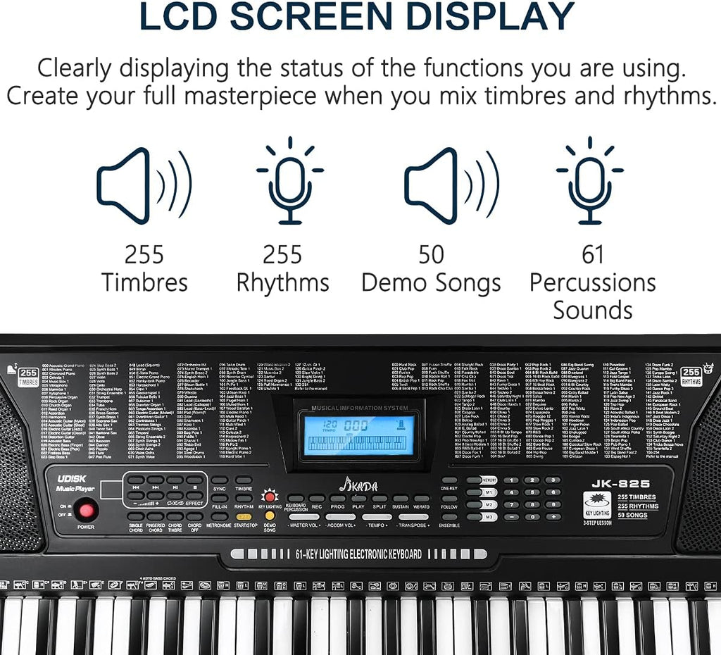 Teclado de piano electrónico portátil de 61 teclas con teclas iluminadas de tamaño completo, LCD, auriculares, soporte en X, taburete, atril para partituras, micrófono, adhesivos para notas, altavoces