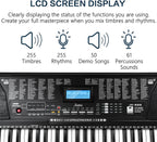 Teclado de piano electrónico portátil de 61 teclas con teclas iluminadas de tamaño completo, LCD, auriculares, soporte en X, taburete, atril para partituras, micrófono, adhesivos para notas, altavoces