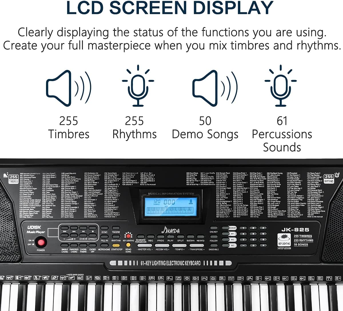 Teclado de piano electrónico portátil de 61 teclas con teclas iluminadas de tamaño completo, LCD, auriculares, soporte en X, taburete, atril para partituras, micrófono, adhesivos para notas, altavoces
