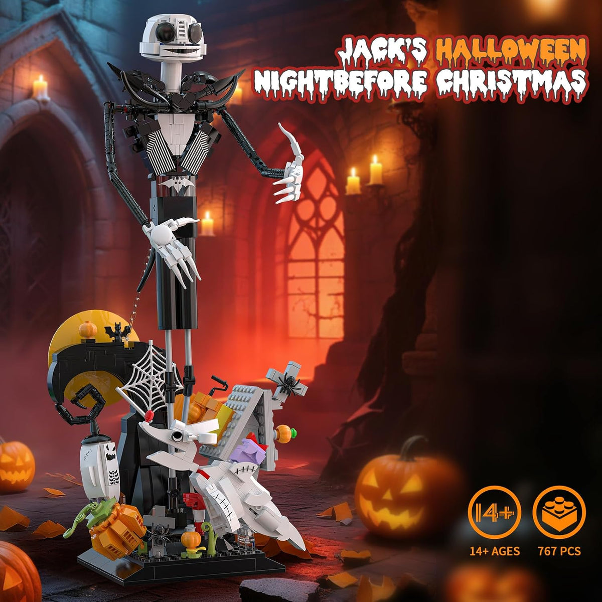 Juego de construcción de calavera de terror, antes de Navidad, juego de bloques de construcción de casa embrujada, calabazas y fantasmas de esqueleto, juguetes de construcción de Halloween y Navidad, regalos para fanáticos del cine y adultos