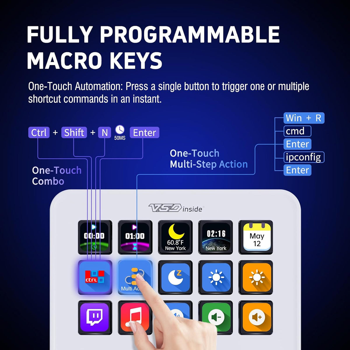 Teclado de teclas macro, controlador de transmisión de mazo de juego, teclado de accesos directos de transmisión de juego, 18 teclas programables, panel visual personalizable de IA USB