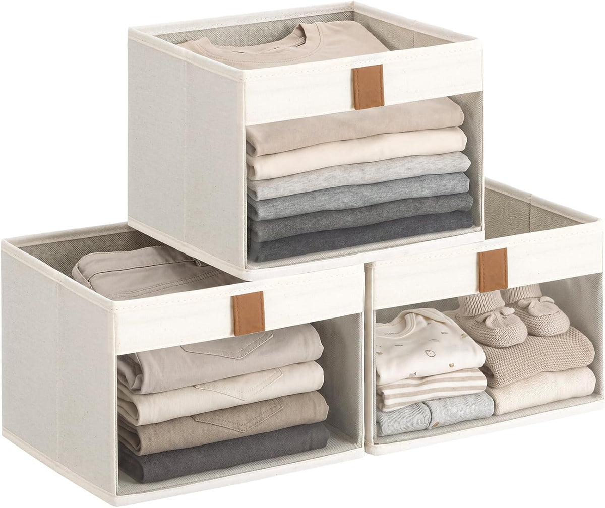 StorageWorks - Cestas de almacenamiento para armario, cestas de almacenamiento con ventana transparente y asas, organizador plegable de tela para ropa, estantes, color beige, paquete de 3