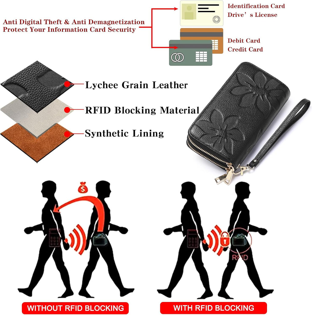 GOIACII Cartera de mujer de gran capacidad con doble cremallera, tarjetero y soporte para teléfono, con bloqueo RFID, de cuero con correa, negro (A01 Black), Casual