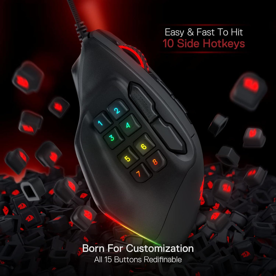 Redragon M811 Aatrox - Ratón para juegos MMO, 15 botones programabl...