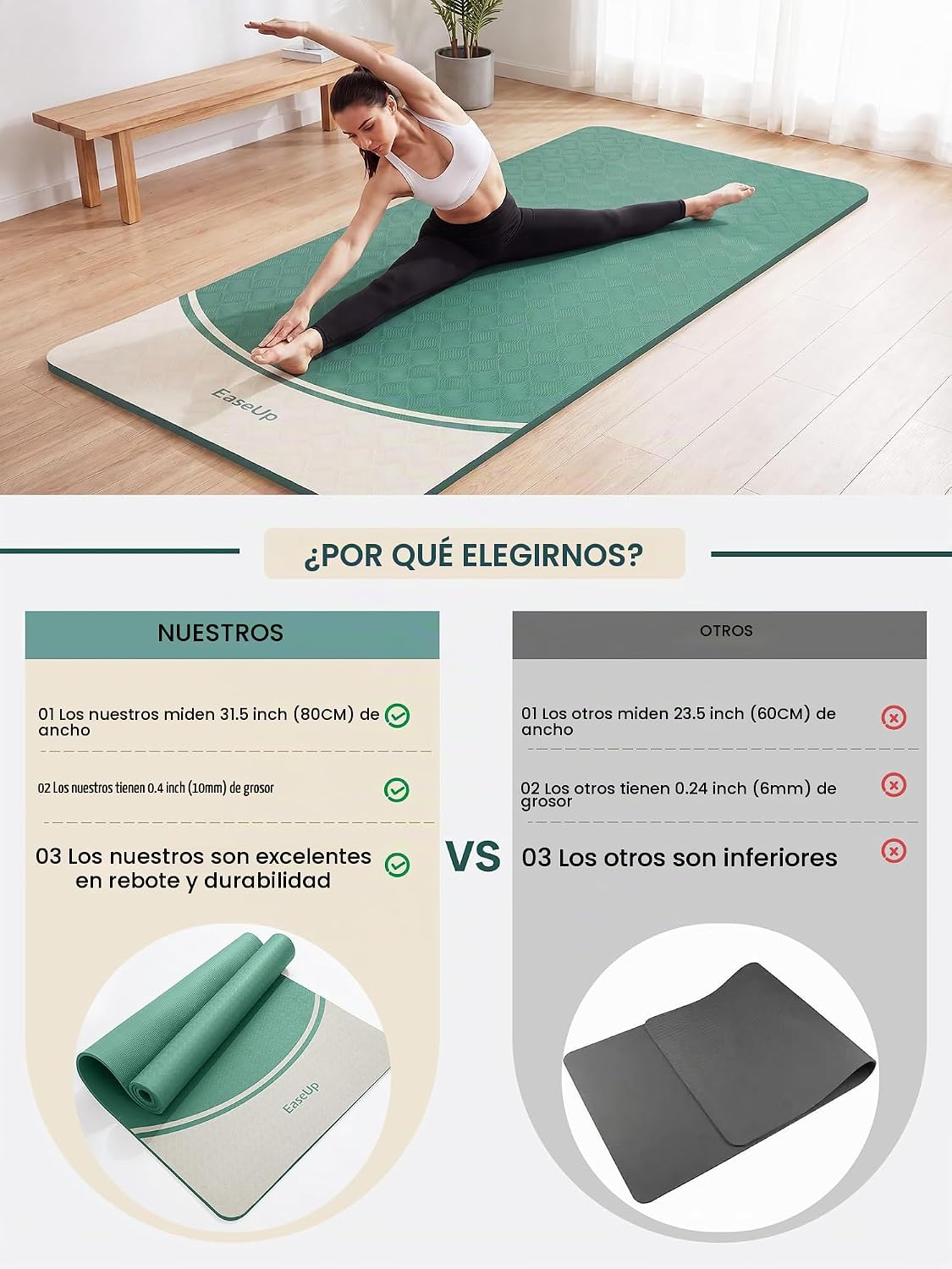 EaseUp Tapete de yoga de 0.394 in de grosor, 73 x 31.5 pulgadas, extra