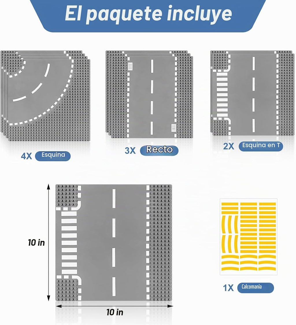 Paquete de 9 bases de carretera para construcción, compatibles con ladrillos Lego Classic, placas base de 10 x 10 pulgadas para caminos Lego, placas base de carretera para juegos de ciudad