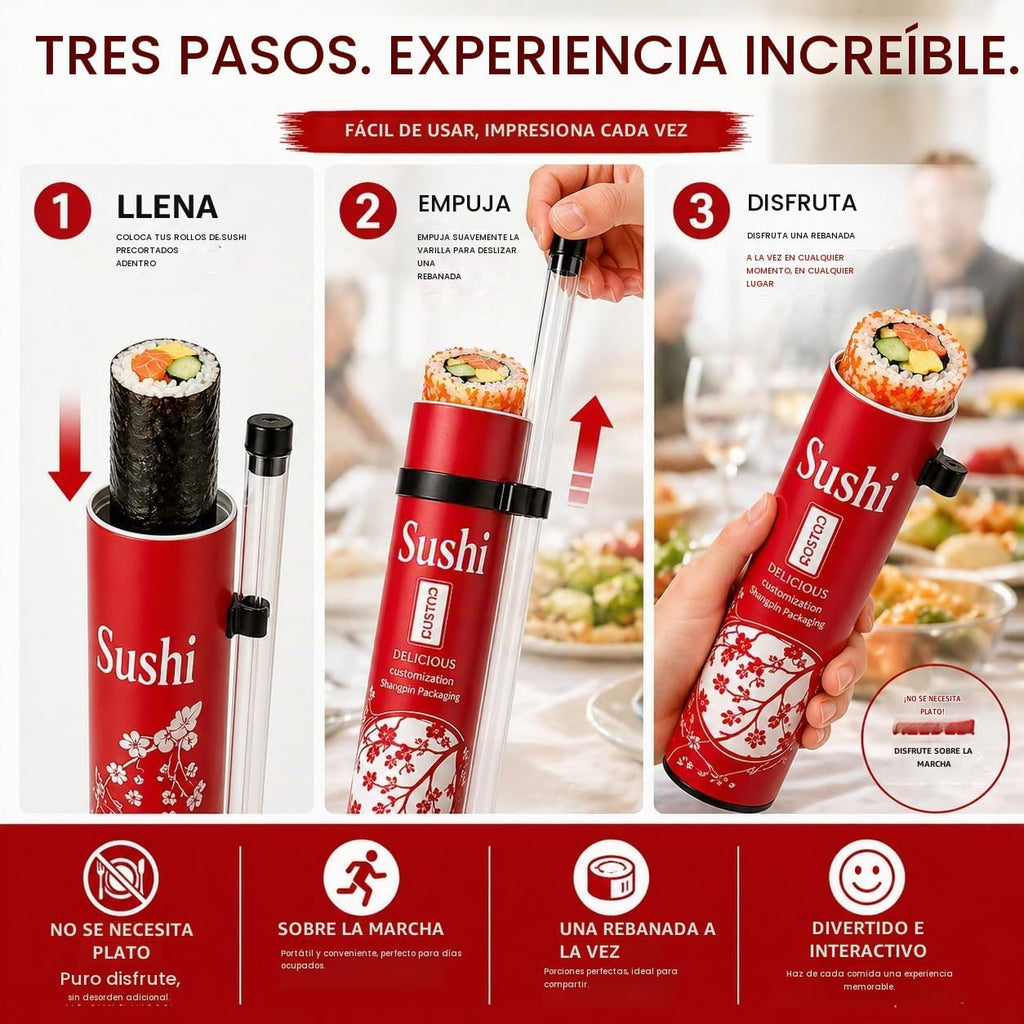 Tubo de sushi portátil, contenedor de sushi push-up, sin manos para comer sushi, soporte para rollo de sushi sobre la marcha con tubo de salsa para viajes, fiestas y comida para llevar (paquete