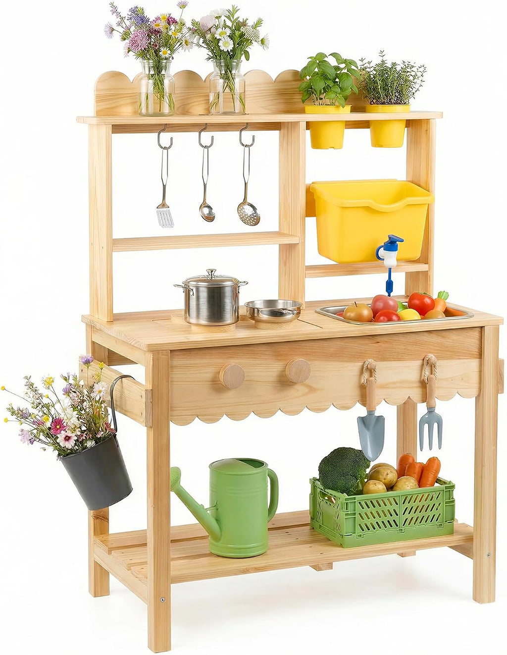 Cocina de barro de madera para niños con grifo de trabajo y fregadero