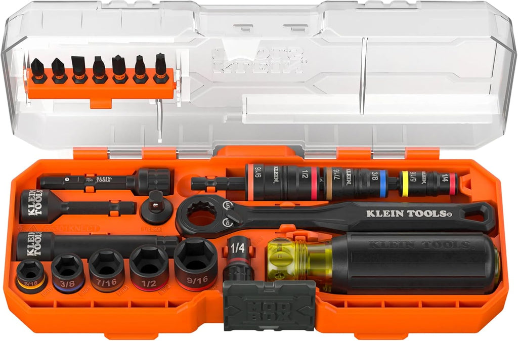 Klein Tools 65301KNECT Juego de llaves de impacto, KNECT (S) Juego de herramientas SAE de paso y zócalo abatible, adaptador de destornillador de impacto, organización de herramientas MODbox