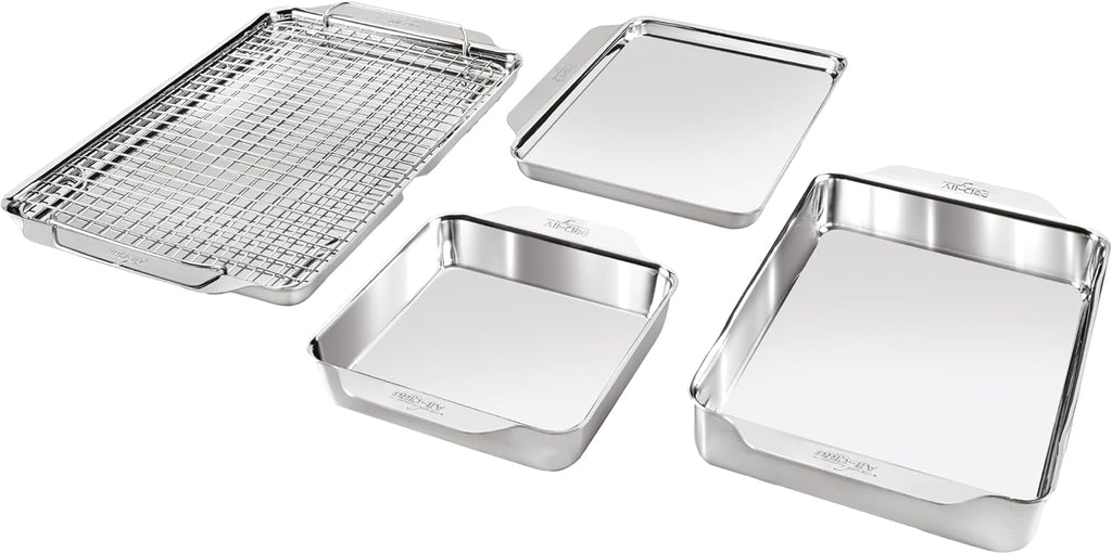 All-Clad Juego de 5 sartenes de acero inoxidable para hornear consistente, incluye bandejas cuadradas y rectangulares, bandejas para hornear y estante de enfriamiento, utensilios profesionales de