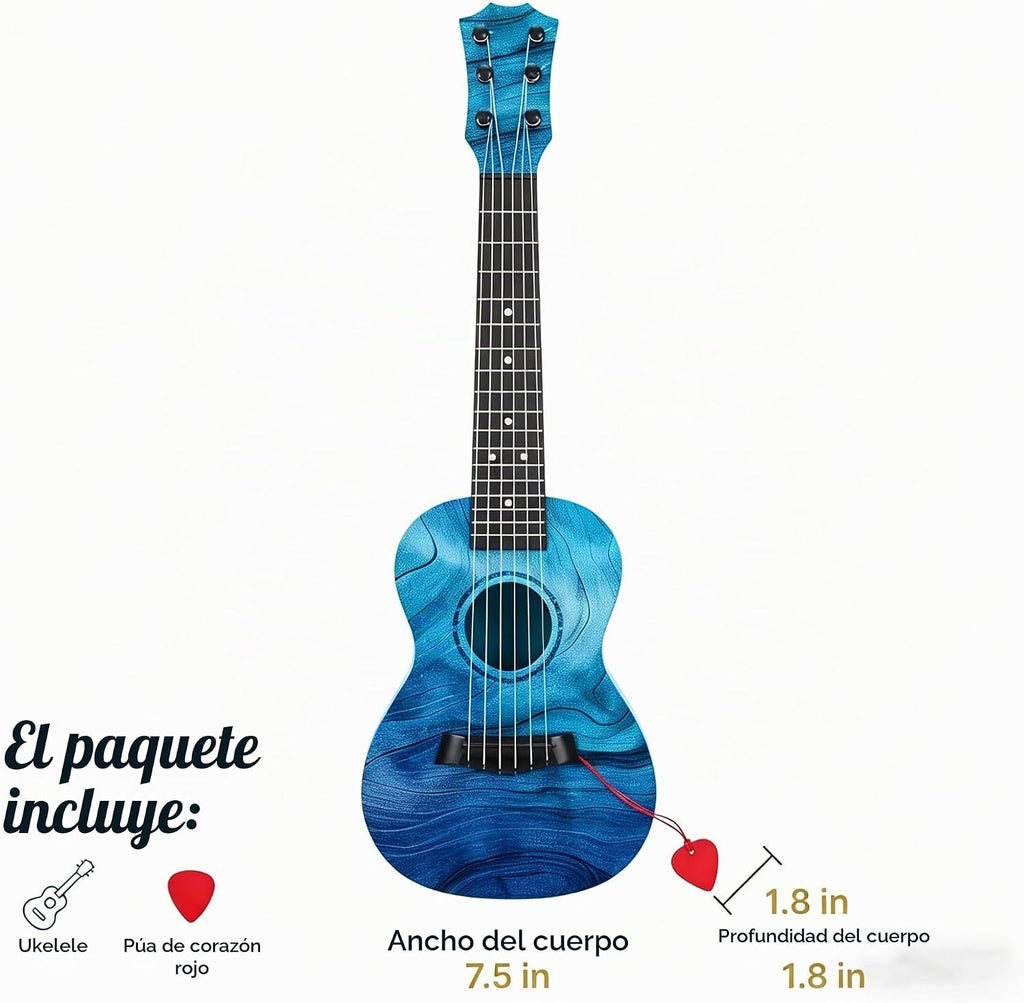 Ukelele de guitarra infantil para 3-5, 21 pulgadas, 6 cuerdas, azul