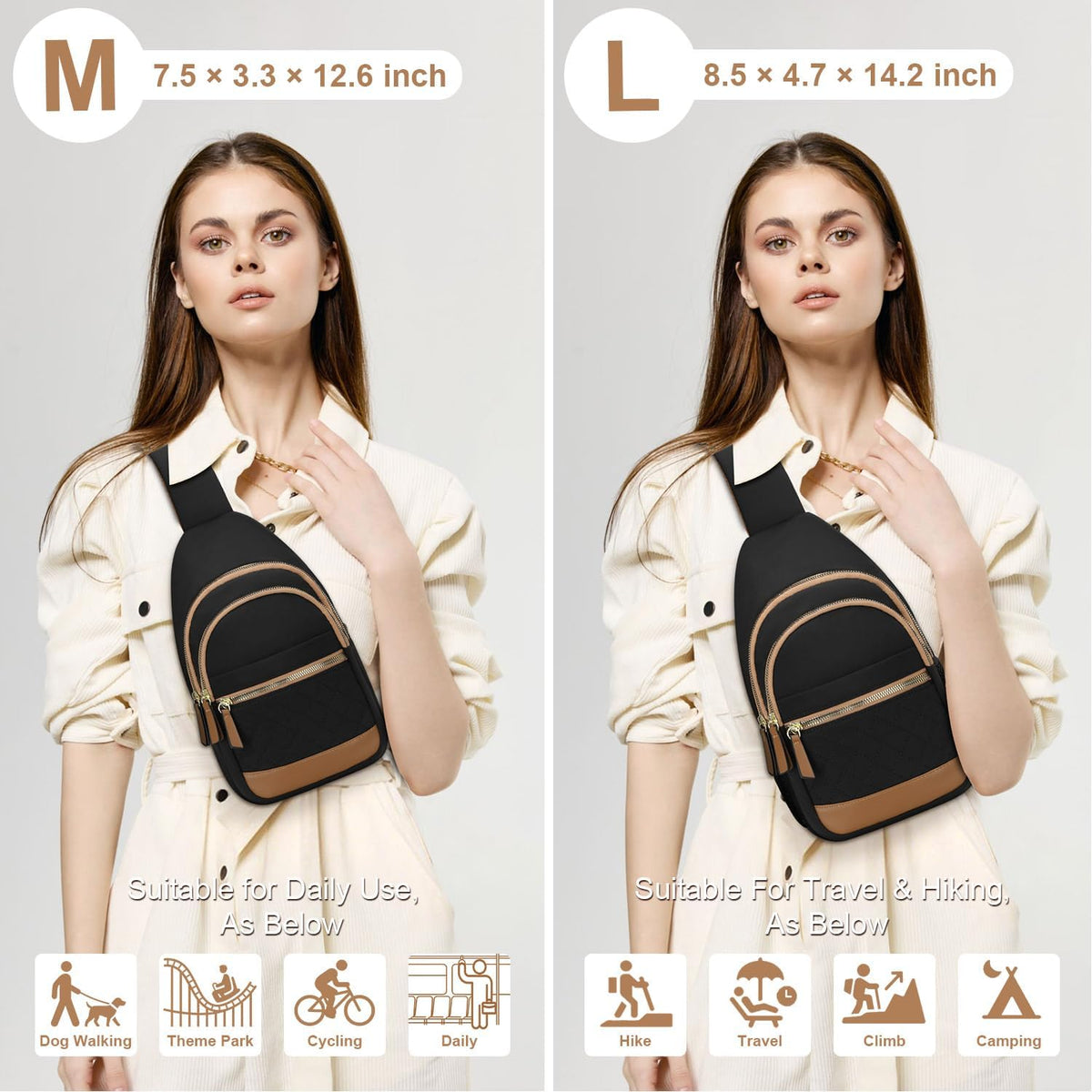Bolso bandolera para mujeres y hombres, bolsos cruzados impermeables para mujeres, riñonera con correa de hombro convertible para viajes, Negro, Grande