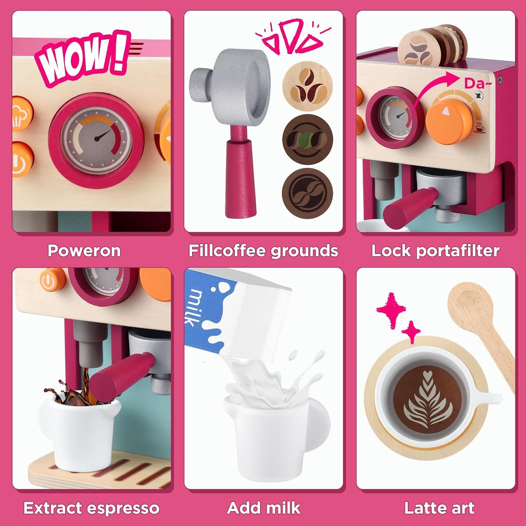 GAGAKU Máquina de café de madera para niños pequeños, juguetes de aprendizaje Montessori para niñas y niños de 3, 4, 5 años, accesorios de cocina realistas con máquina de café expreso y juego de arte con leche