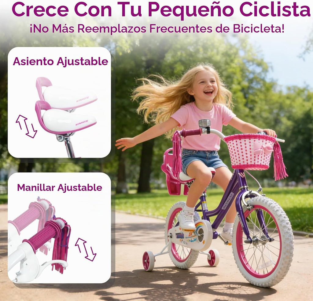 Bicicleta WinHope Fairy Girls con Asiento para Muñeca, Bicicleta Infantil de 12-20 Pulgadas para Edades 2-12