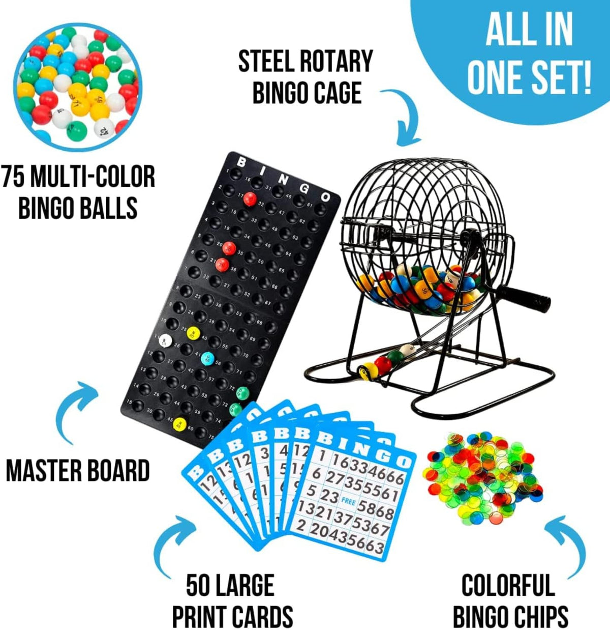 Juego de Bingo Deluxe Regal para Adultos y Niños - Incluye Jaula de Rueda de 8 Pulgadas, 75 Bolas, Tablero Principal, 50 Tarjetas y Fichas Coloridas - Divertida Noche de Juegos Familiares