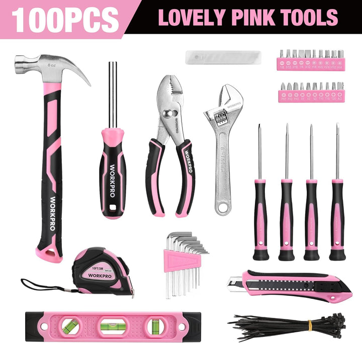 WORKPRO Juego de herramientas rosa - 100 piezas Kit de herramientas...
