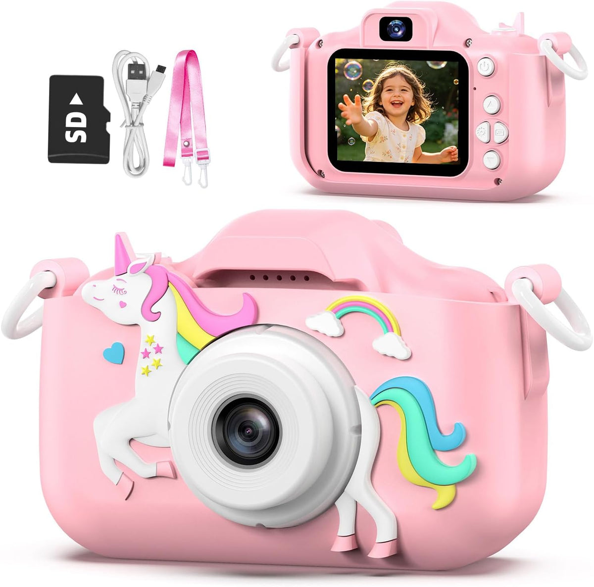 Juguetes de cámara selfie para niñas de 3 a 9 años, juguete de cámara de video digital con cubierta protectora, regalos de festival de cumpleaños de Navidad para niñas de 3 a 9 años