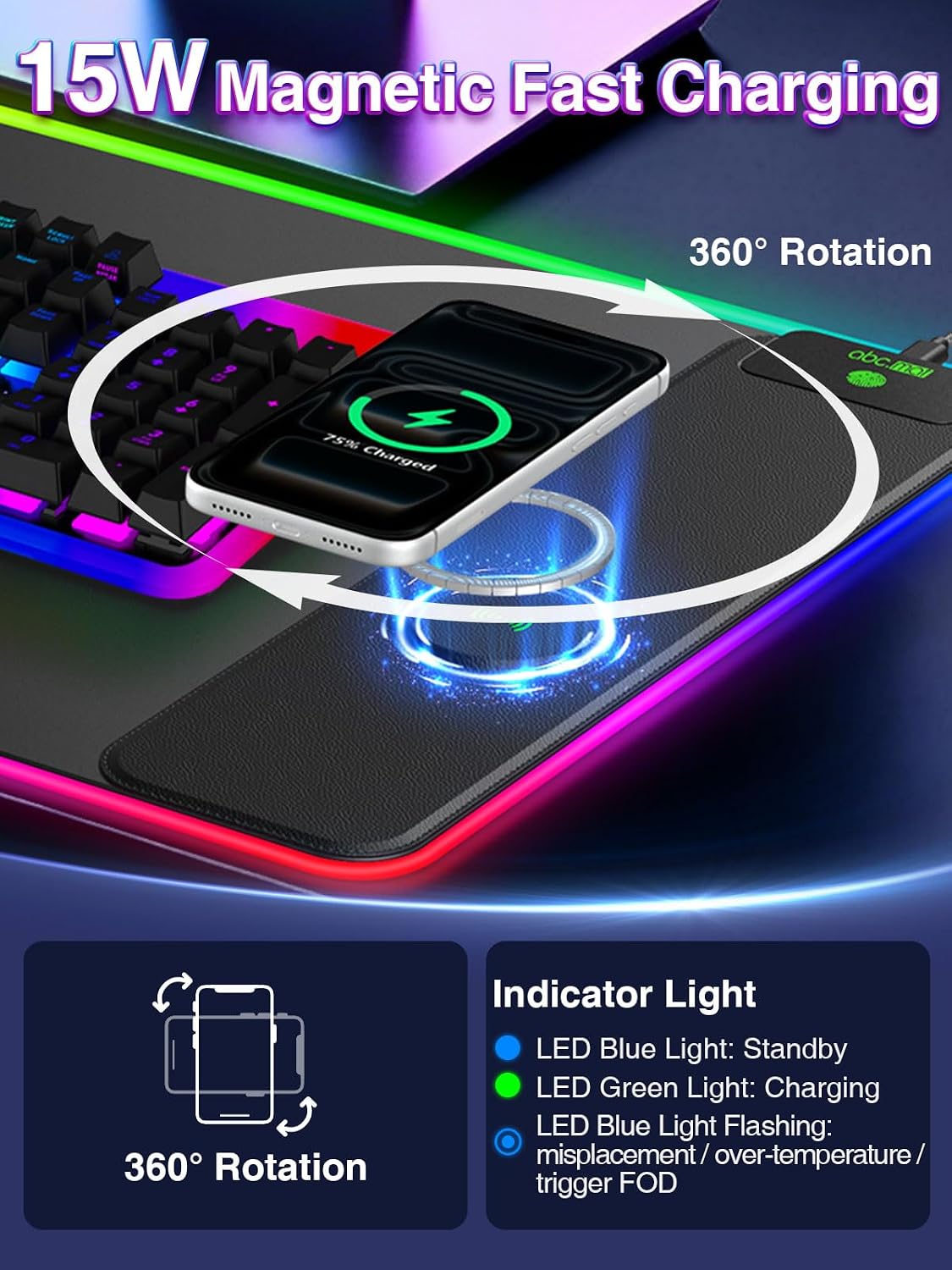 Alfombrilla de mouse XXL RGB para juegos con cargador inalámbrico magnético de 15 W, 31.5 x 15.8 pulgadas, alfombrilla de escritorio LED extra grande, 24 efectos de luz con base de goma antideslizante