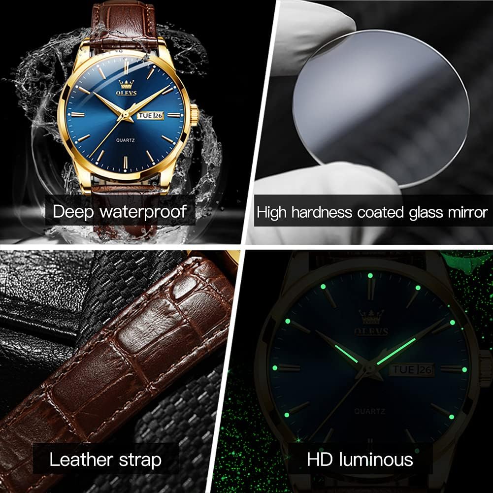 OLEVS Reloj de piel marrón para hombre, lectura elegante de vestir, reloj de pulsera con fecha diaria, cuarzo