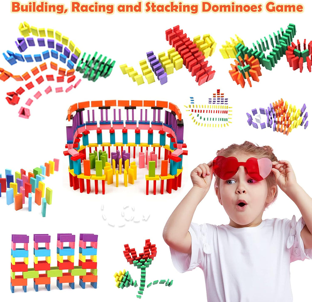 WOOD CITY Juego de dominó de 1000 piezas para niños con 20 bloques adicionales, coloridos azulejos de dominó para construir, apilar, carreras, volar, dominó de madera con bolsa de almacenamiento y