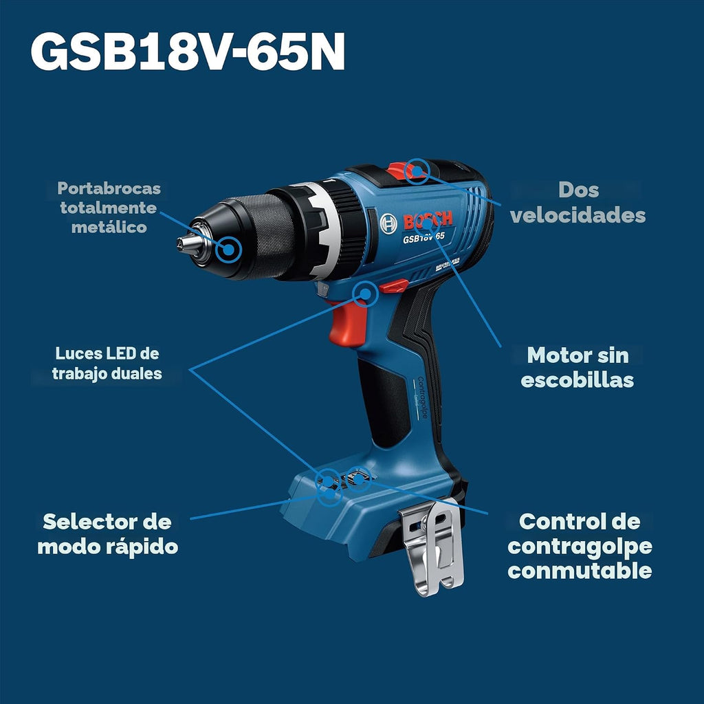 BOSCH GSB18V-65N Taladro martillo sin escobillas de 1/2 pulgada - 575 pulgadas-libras Par máximo, control de retroceso conmutable, selector de modo rápido, luces de trabajo LED duales, portabrocas
