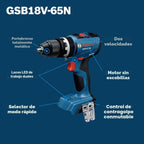 BOSCH GSB18V-65N Taladro martillo sin escobillas de 1/2 pulgada - 575 pulgadas-libras Par máximo, control de retroceso conmutable, selector de modo rápido, luces de trabajo LED duales, portabrocas
