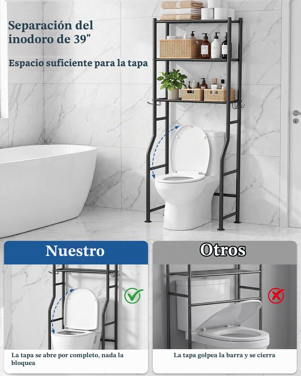 Armario de almacenamiento de 3 niveles sobre inodoro, sin