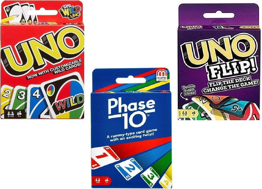 Mattel Juego de cartas Uno, Flip y Phase 10, paquete combinado de 3