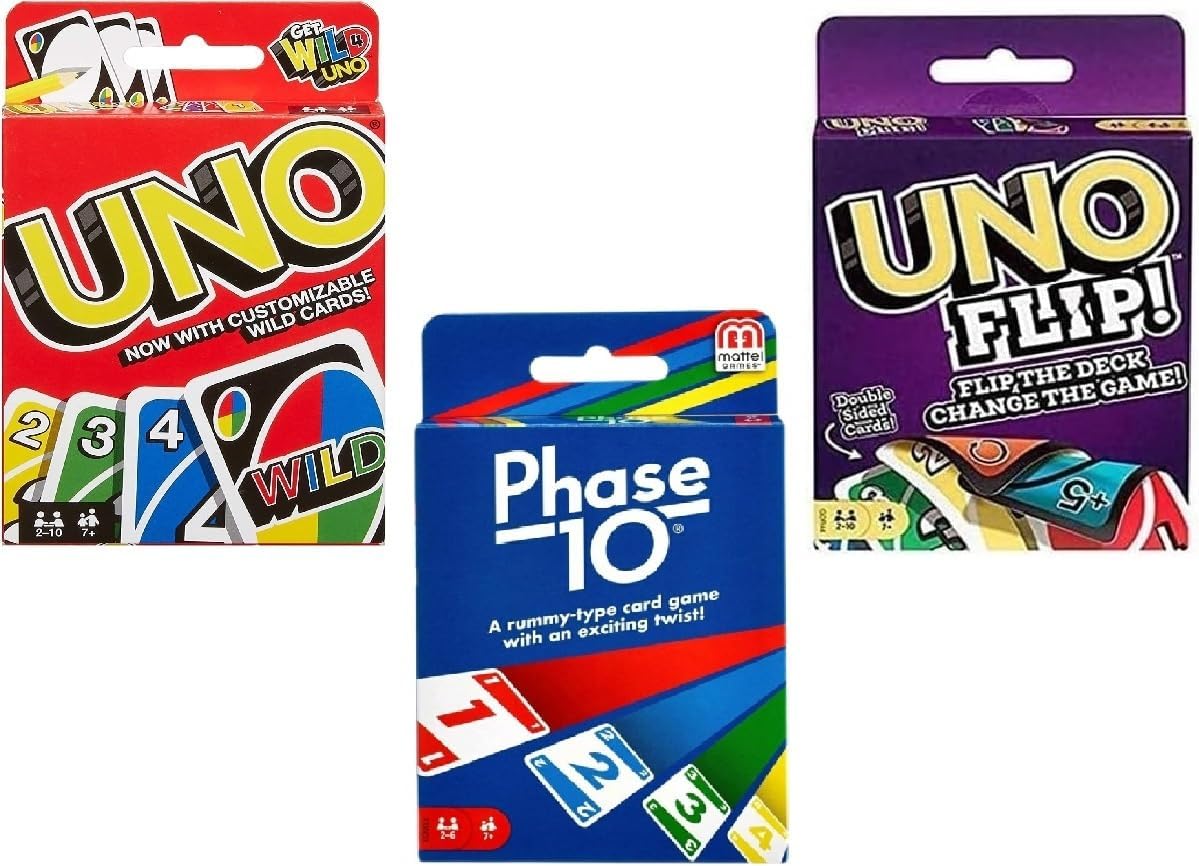Mattel Juego de cartas Uno, Flip y Phase 10, paquete combinado de 3