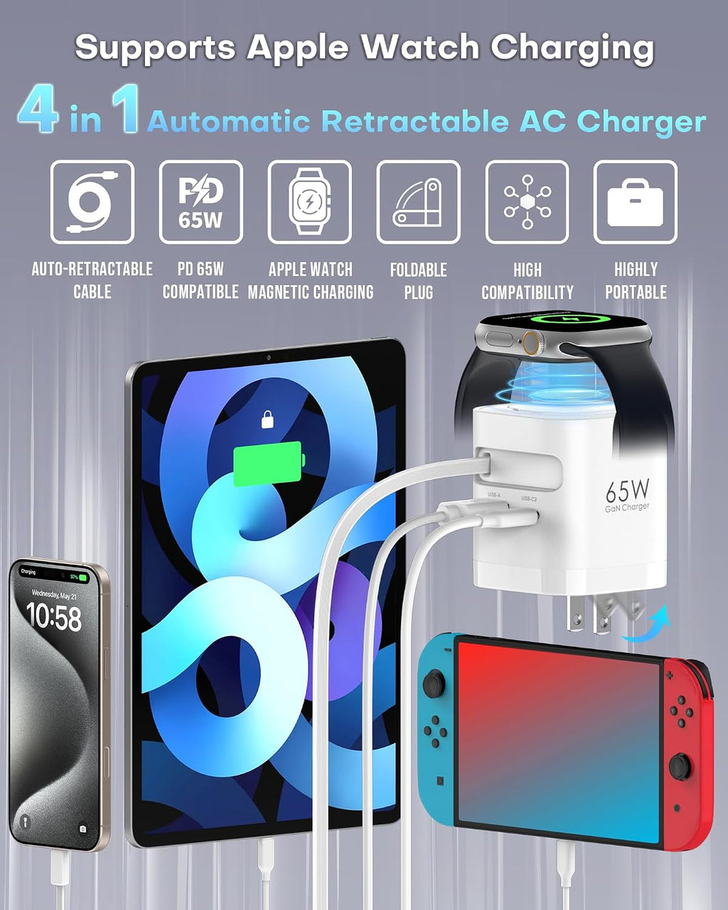 Cargador retráctil de 65W para Apple Watch, bloque de carga PD USB C de 4 en 1 GaN enchufe plegable de carga rápida para Apple Watch Serie 11/10/9/8/Ultra/SE, para MacBook Pro/Air, iPhone 17/16 Pro