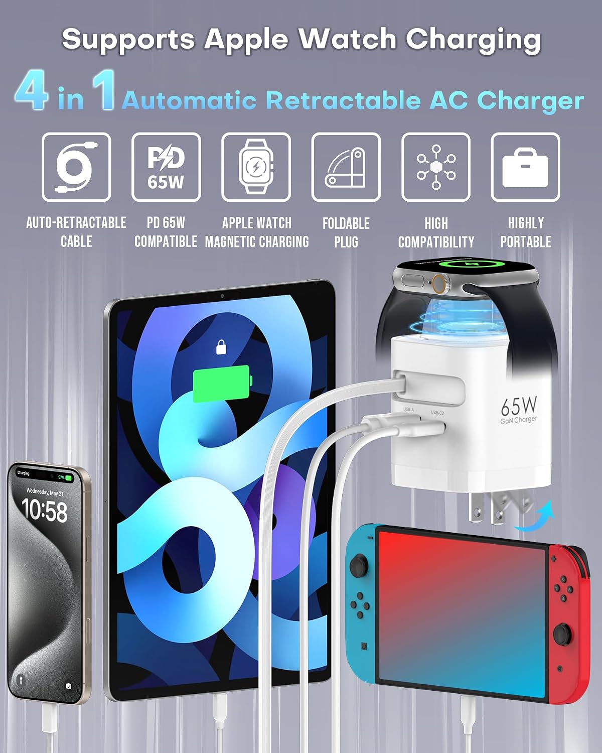 Cargador retráctil de 65W para Apple Watch, bloque de carga PD USB C de 4 en 1 GaN enchufe plegable de carga rápida para Apple Watch Serie 11/10/9/8/Ultra/SE, para MacBook Pro/Air, iPhone 17/16 Pro