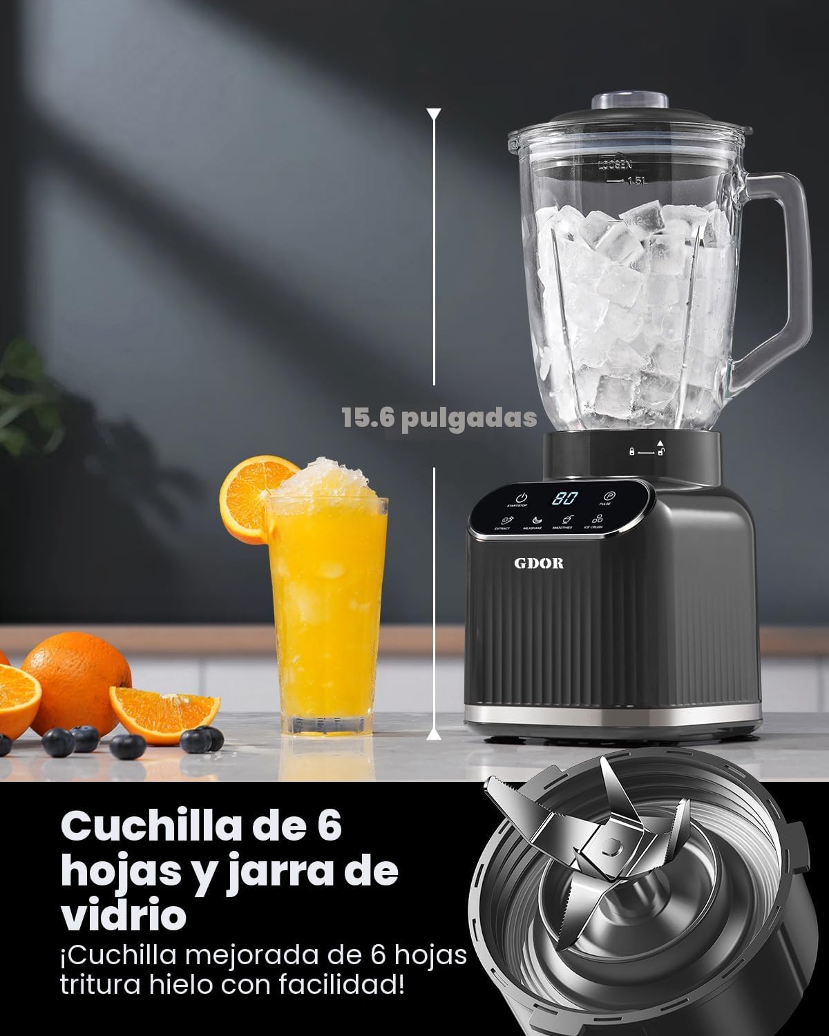 GDOR Licuadora profesional para cocina, licuadora de batidos de 1200 vatios máximos, 5 funciones para trituración de hielo y frutas congeladas, tarro de vidrio de 52 onzas y combo de taza para llevar de 24 onzas, autolimpieza, gris