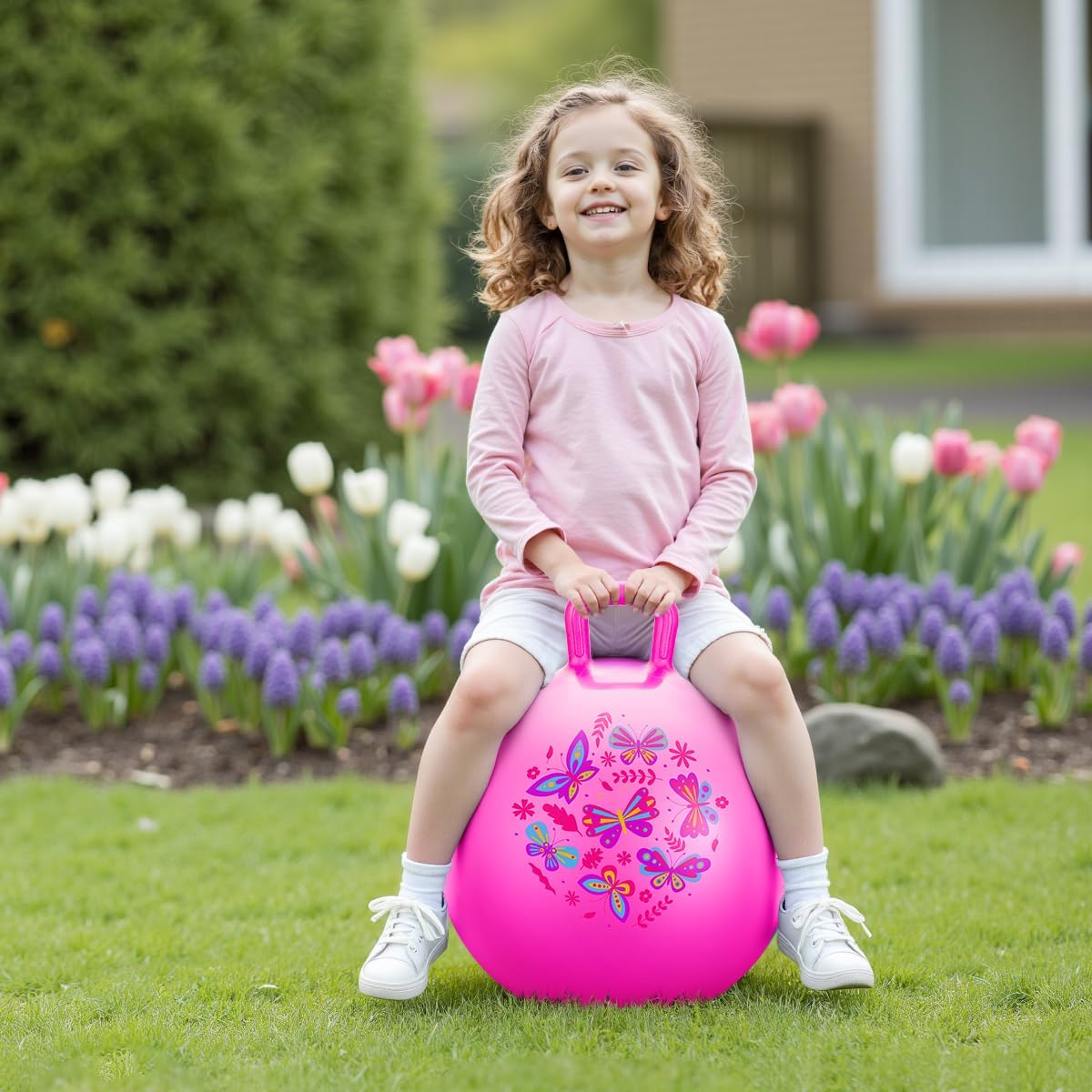 Pelota saltarina PlayZap para niños de 3 a 8 años, pelota hinchable rosa de 18 pulgadas con asas, juguetes inflables hippity hop para saltar y rebotar para interiores y exteriores para niños y niñas